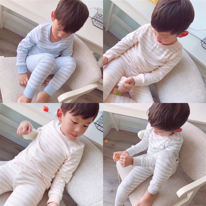 2021春秋季儿童彩棉p睡衣男女宝宝纯棉高腰护肚条纹长袖家居服套