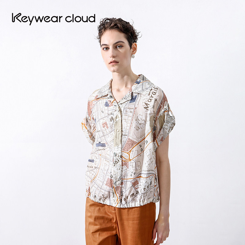 Keywearcloud奇威夏季法式印花图案度假风薄款短袖衬衣百搭衬衫女