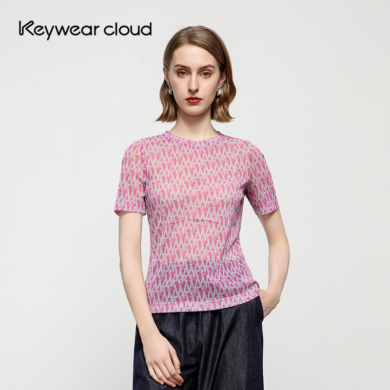 Keywearcloud奇威满印字母修身显瘦薄款圆领正肩洋气减龄短袖T 恤