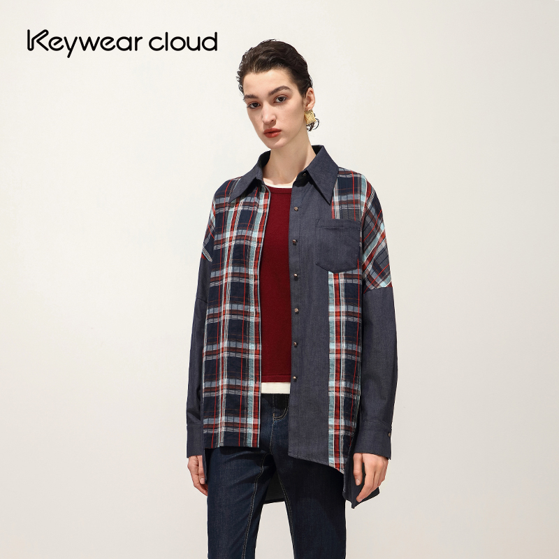 Keywearcloud奇威春秋撞色格纹拼接不规则分割结构bf风长袖衬衫