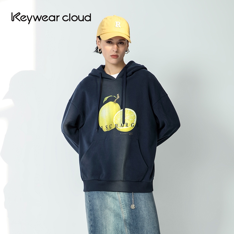Keywearcloud奇威秋季连帽上衣柠檬图案活力大口袋女装长袖卫衣