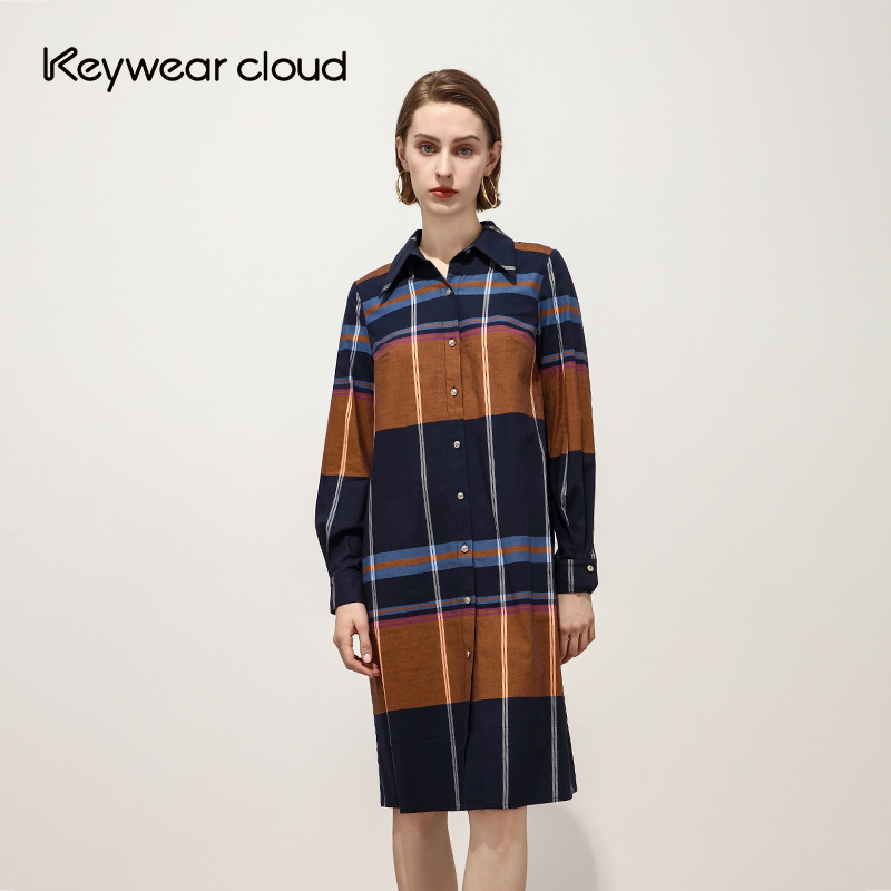 Keywearcloud奇威正统翻领格纹拼接长袖洋装连衣裙