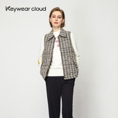 Keywearcloud奇威秋冬小香风咖啡色格纹棉服马甲