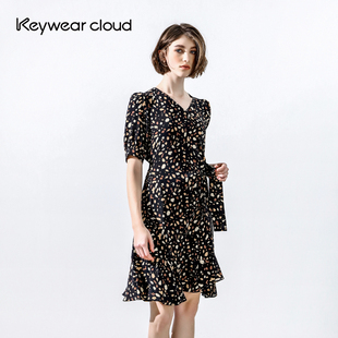 Keywearcloud奇威V领设计感个性 V领裙子礼服 印花气质连衣裙五分袖