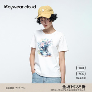 Keywearcloud奇威夏季 T恤女 新款 印花百搭上衣宽松减龄圆领短袖