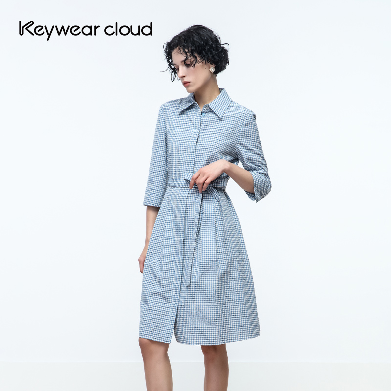 Keywearcloud奇威夏季裙子女装连身裙文艺风格子衬衫式气质连衣裙