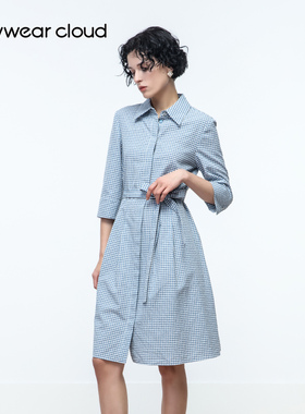 Keywearcloud奇威夏季裙子女装连身裙文艺风格子衬衫式气质连衣裙