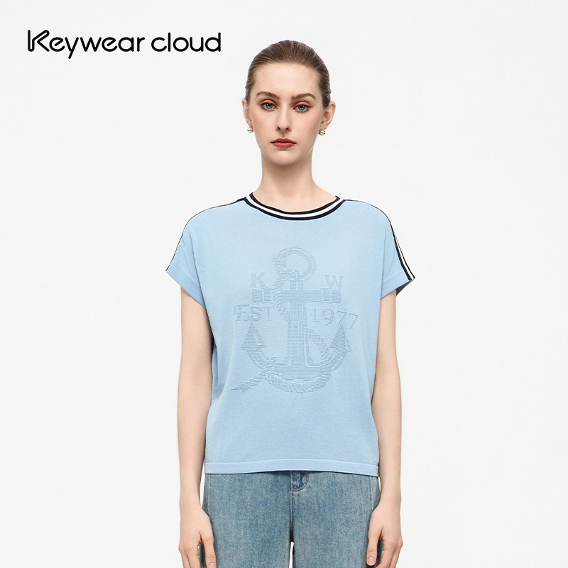 Keywearcloud奇威复古航海风船锚提花针织衫女夏季条纹短袖上衣