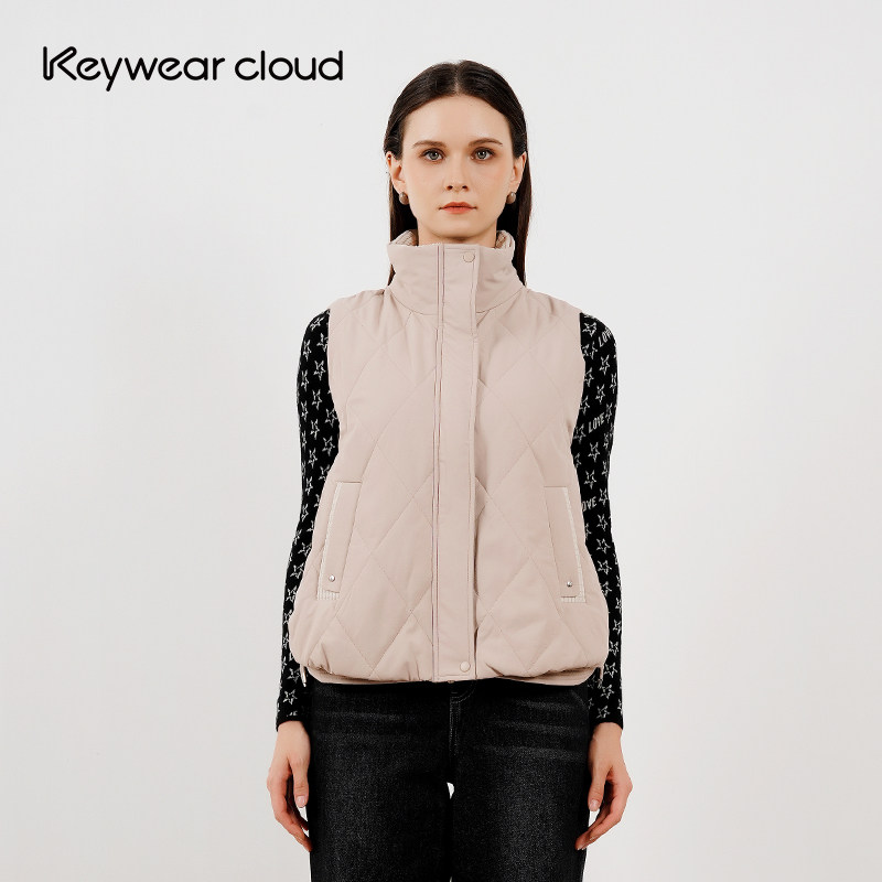 Keywearcloud奇威领菱格夹棉宽松马甲抽绳收腰无袖棉服外套