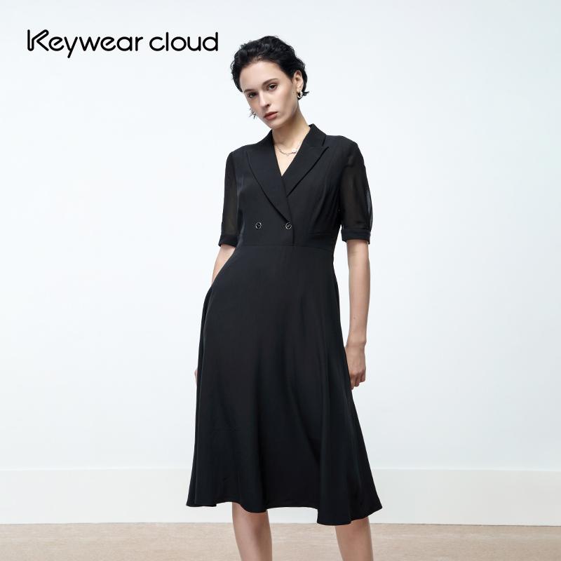 Keywearcloud奇威夏季西装领气质款中长款网纱短袖拼接黑色连衣裙