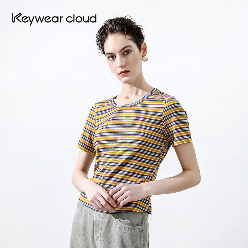 Keywearcloud奇威新款上衣女夏彩色条纹拼色百搭款短袖圆领T恤