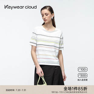 短袖 Keywearcloud奇威T恤女夏季 拼色新款 条纹活力针织衫 上衣 薄款