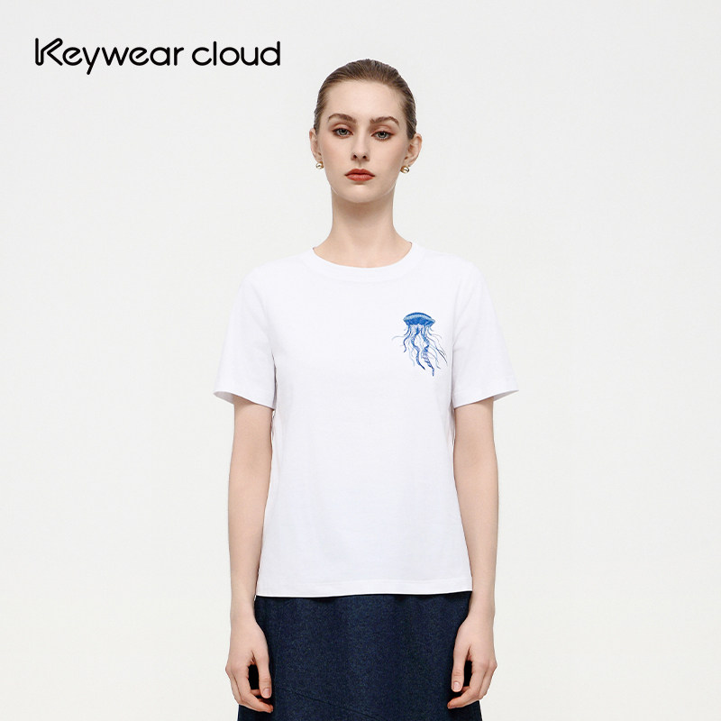 Keywearcloud奇威通勤日常减龄显瘦百搭小众设计感水母刺绣上衣