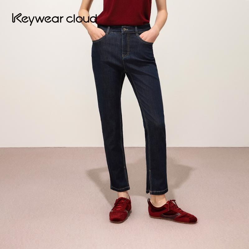 Keywearcloud奇威日常出街吸睛撞色压线舒适不紧绷窄脚牛仔九分裤