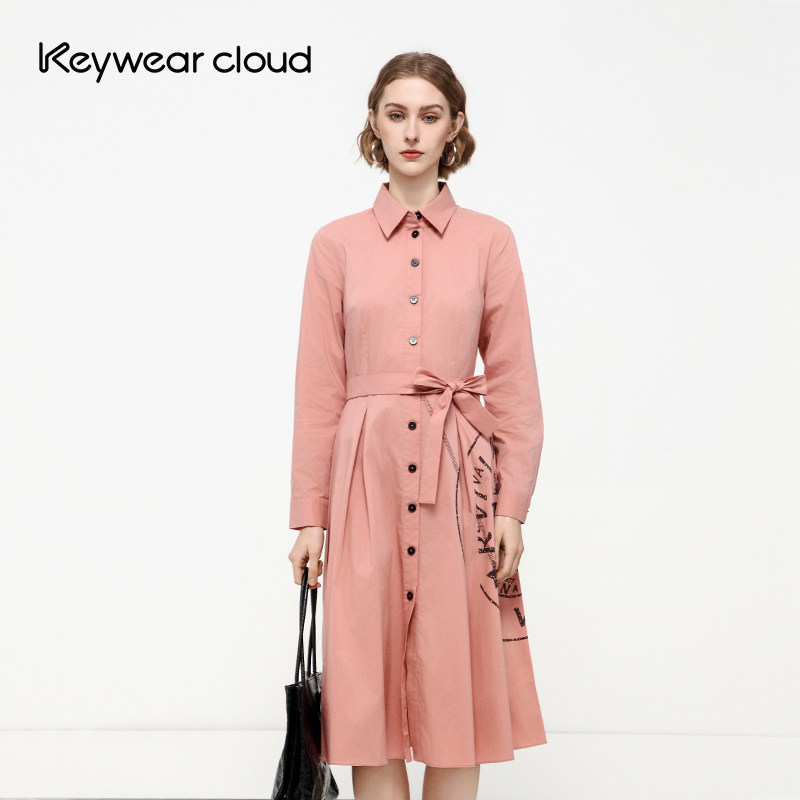 Keywearcloud奇威邮戳印花开门襟衬衫收腰中长款腰带连衣裙