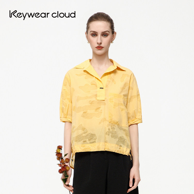 Keywearcloud奇威黄色提花翻领短袖衬衫女夏季薄款半开襟抽绳上衣