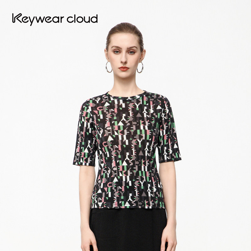 Keywearcloud奇威复古撞色几何图案短袖T 恤女夏季圆领百搭上衣