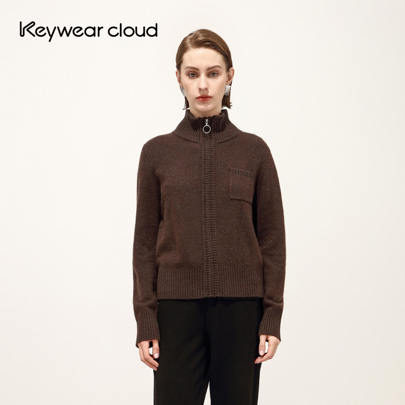Keywearcloud奇威百搭高领绵羊毛罗纹针织外套
