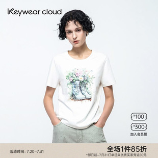 Keywearcloud奇威圆领短袖 纯棉百搭休闲T恤 女装 上衣花卉印花夏季