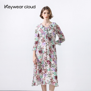 Keywearcloud奇威度假风植物系长裙女夏季 气质荷叶边连衣裙 七分袖