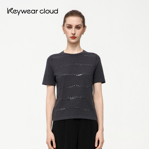 Keywearcloud奇威波浪亮片刺绣针织T恤女莱赛尔圆领短袖百搭上衣