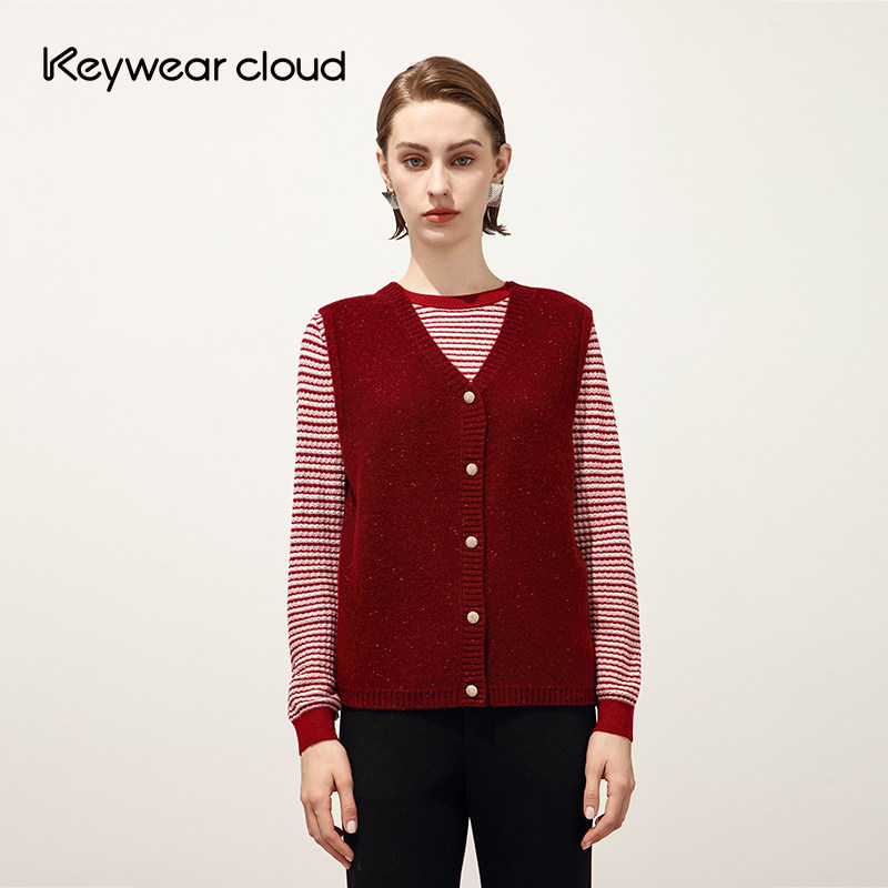 Keywearcloud奇威v领无袖绵羊毛毛衣开襟针织背心