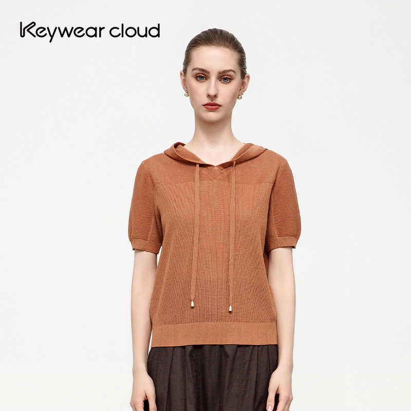 Keywearcloud奇威抽绳连帽针织短袖女夏新款薄款T恤帽衫纯色上衣