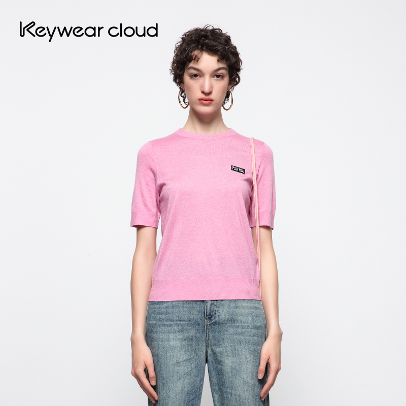 Keywearcloud奇威秋季新品T恤女简约纯色短袖针织衫薄款圆领上衣