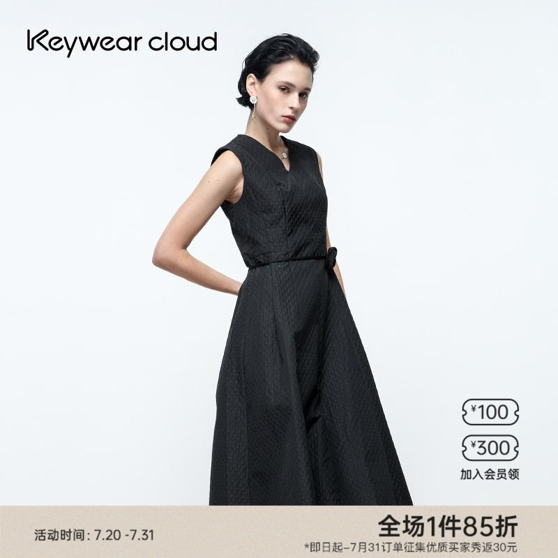Keywearcloud奇威夏季小黑裙立体花朵女装裙子高腰简奢连衣裙