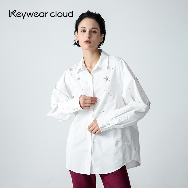 Keywearcloud奇威秋季长袖衬衣星星图案吸睛polo领单排扣衬衫女