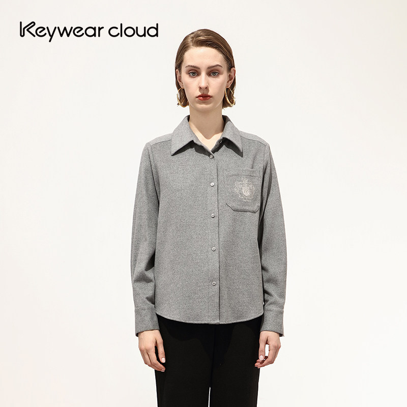 Keywearcloud奇威秋冬长袖衬衫女复古刺绣绵羊毛设计感小众衬衣