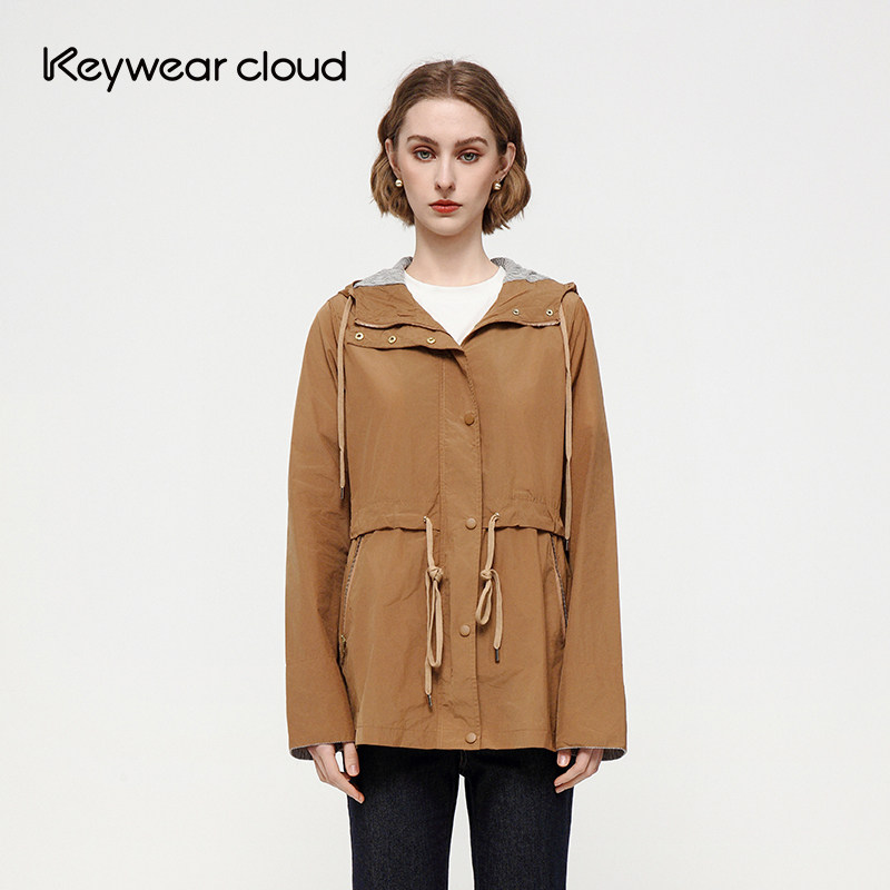 Keywearcloud奇威连帽收腰风衣女中长款宽松休闲显瘦抽绳外套