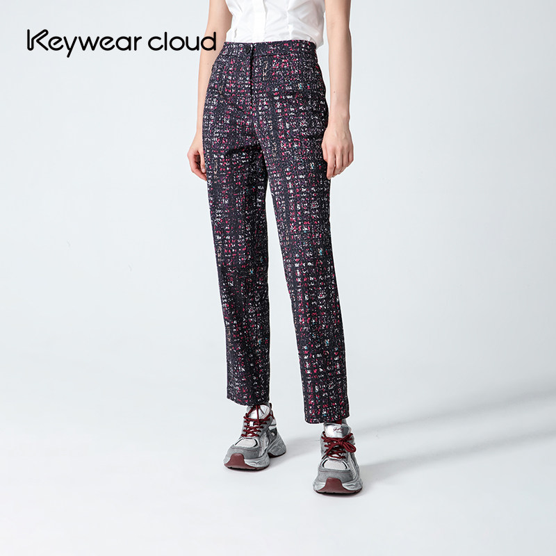 Keywearcloud奇威复古秋季女装气质艺术图案长裤百搭百搭休闲裤