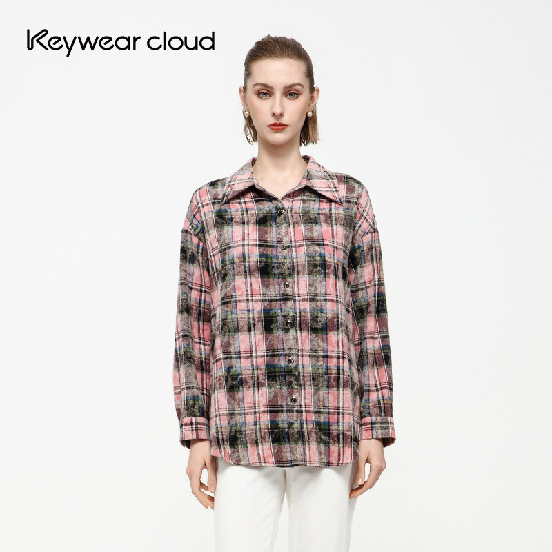 Keywearcloud奇威韩系粉调复古晕染格纹做旧设计感宽松翻领衬衫