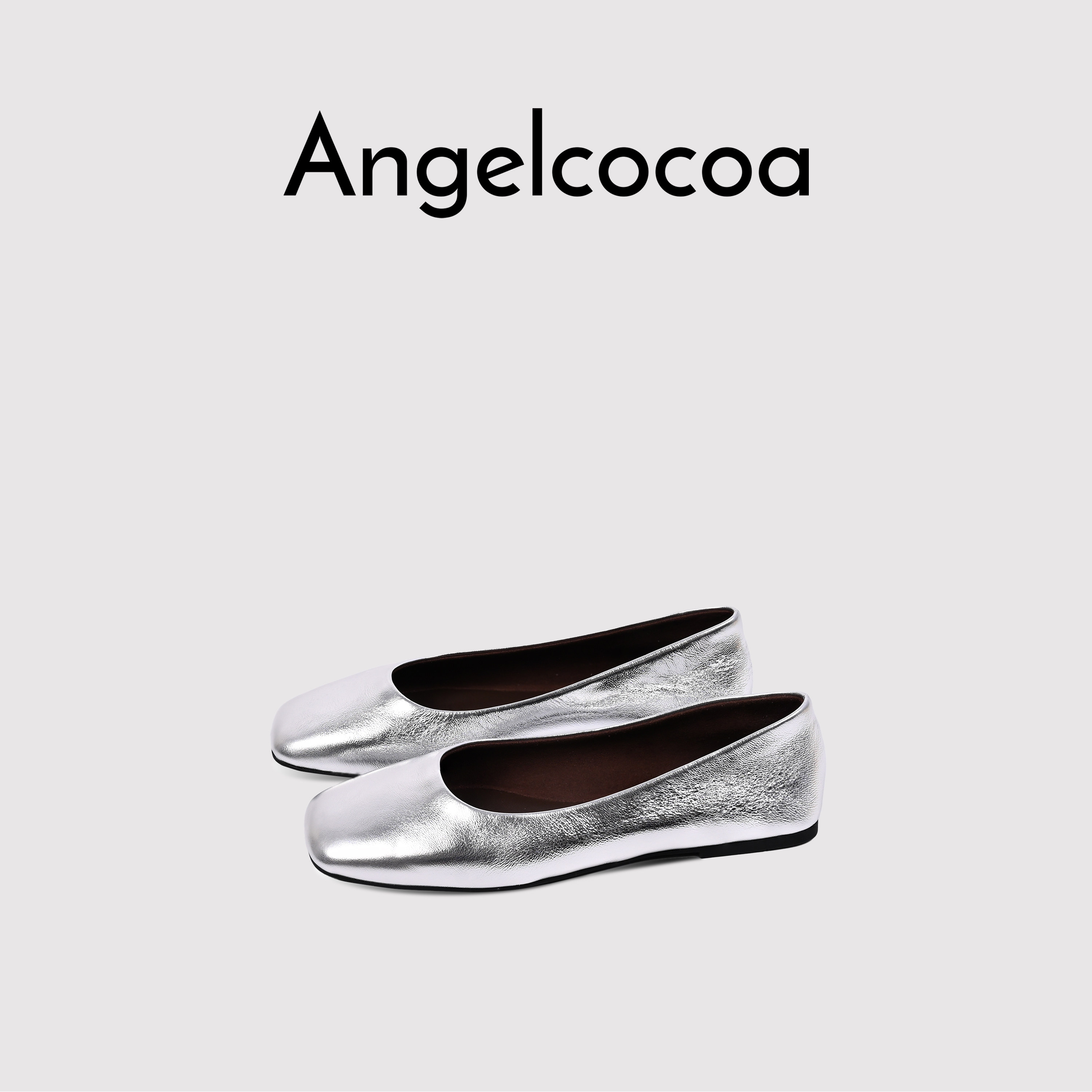 日本Angelcocoa银色方头单鞋芭蕾浅口单鞋女羊皮奶奶鞋女