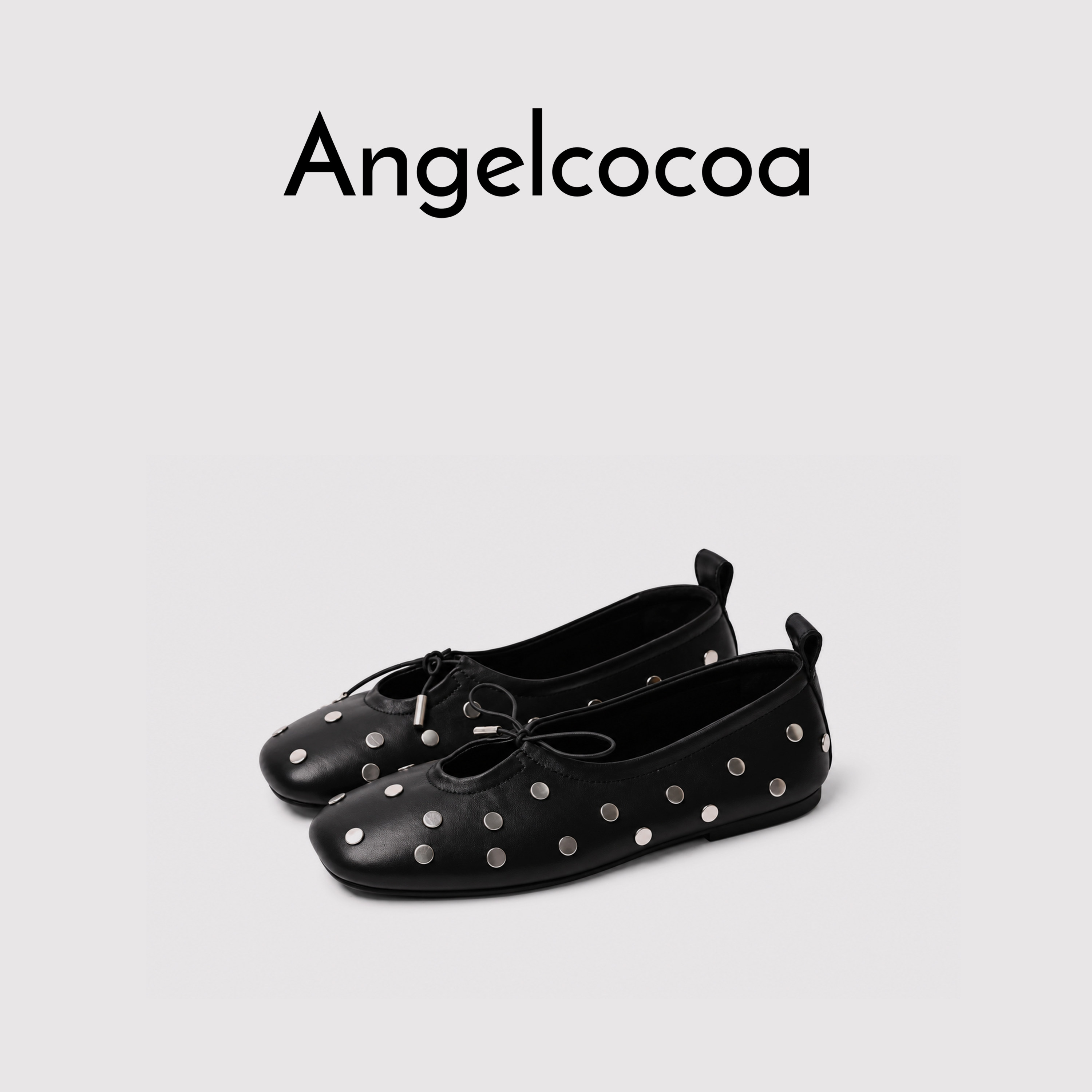 日本Angelcocoa黑色铆钉芭蕾舞鞋女平底蝴蝶结玛丽珍单鞋一脚蹬