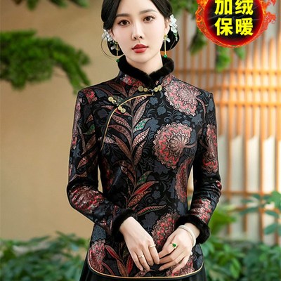 秋冬加绒a加厚旗袍式上衣改良中年女复古妈妈日常短款长袖汉服唐