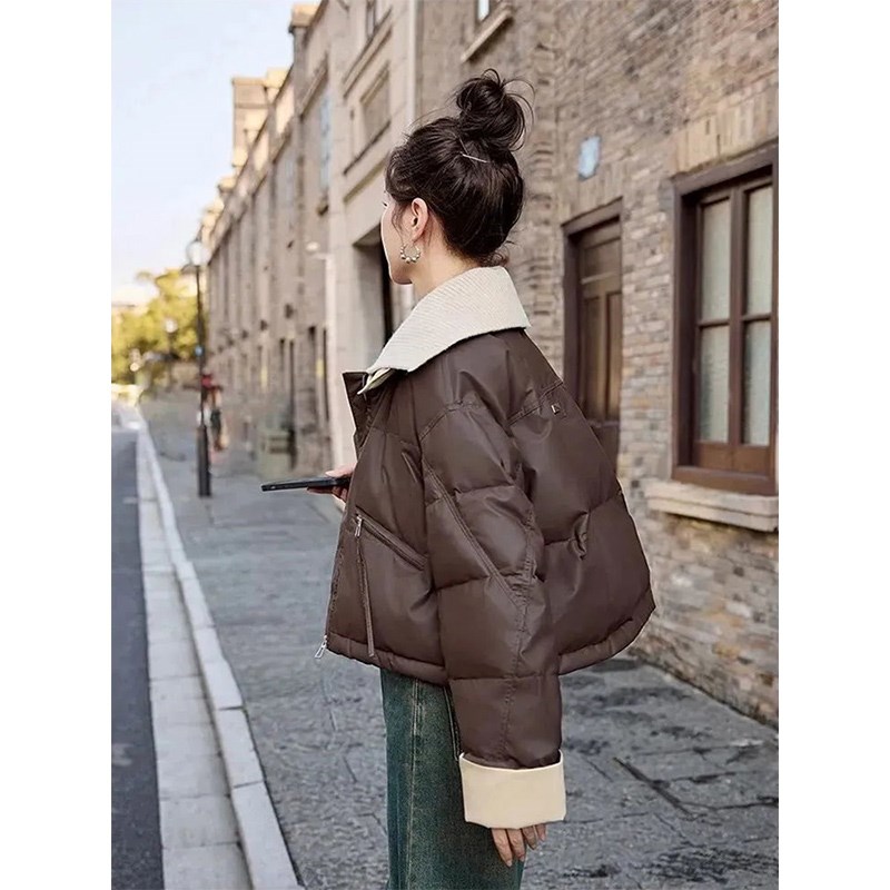 羽绒棉服女款2024冬季s新款小个子短款面包服爆款针织翻领外套女