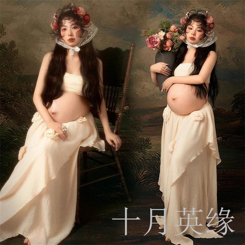 影楼新款法式复古油画风孕妇拍照氛围感花朵裙孕妈纯欲风摄影服饰