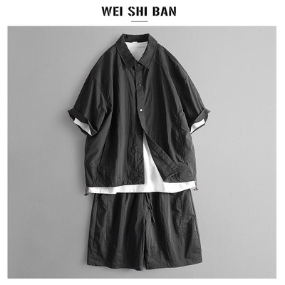 2025夏季新款拼接撞色工装套装男短袖衬衫短裤速干透气休闲两件套