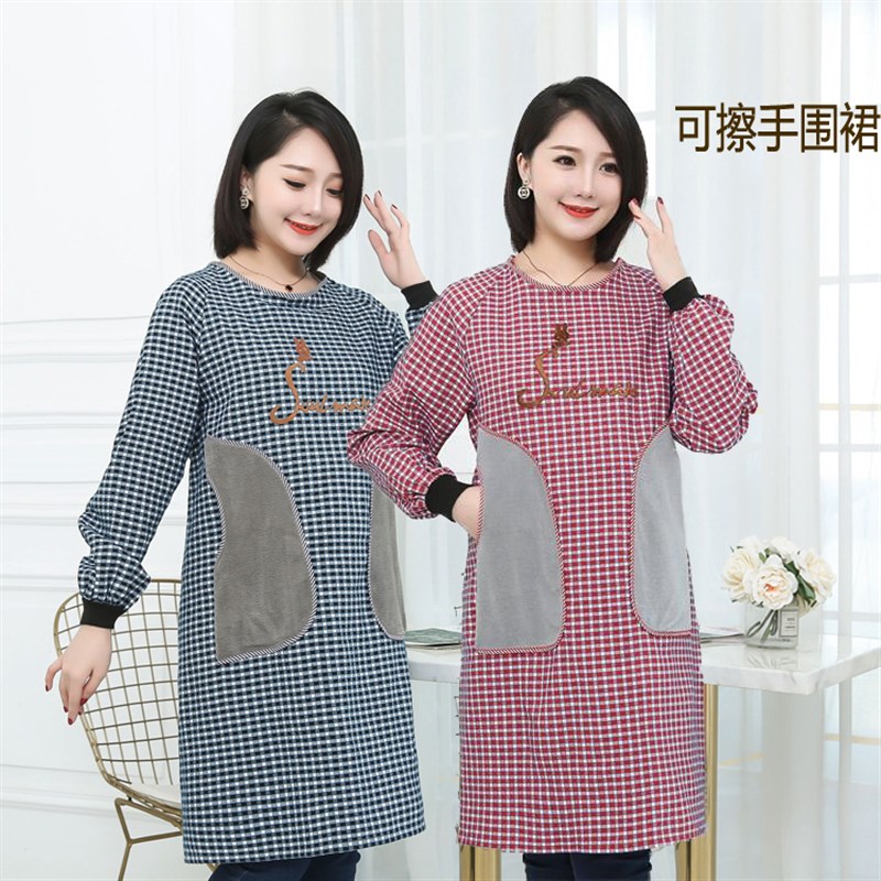 可擦手纯棉长袖围裙时尚成人罩衣家用厨房防油污女工作服韩版秋冬