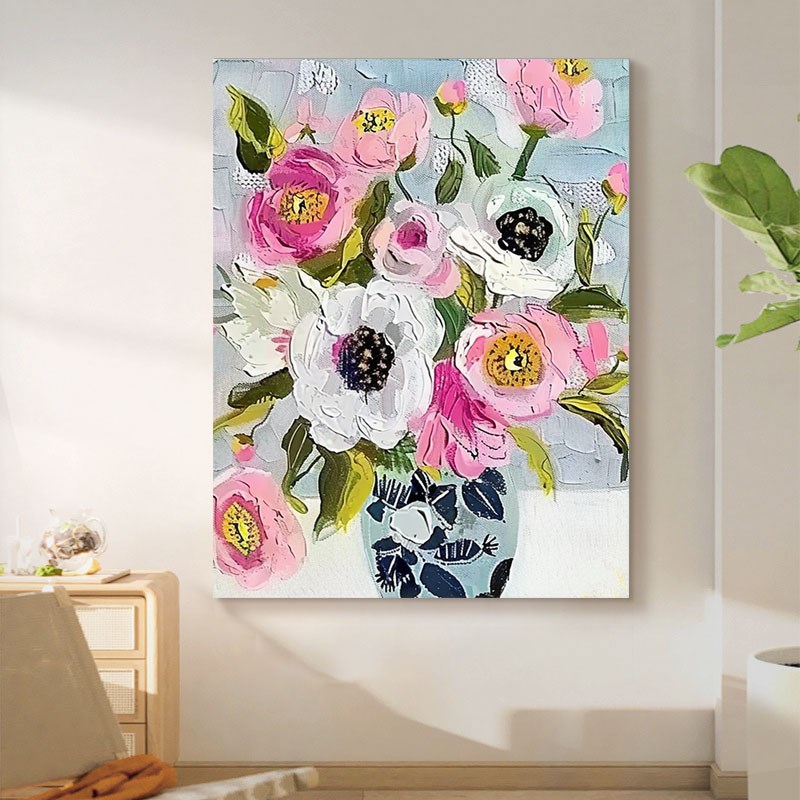 彩色牡丹花卉客厅装饰画抽象肌y理纯手绘油画陶瓷花瓶无框玄关挂图片