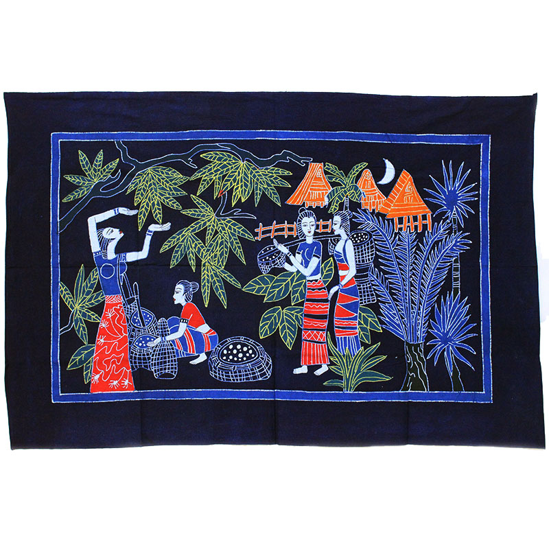 蜡染画傣族风情餐厅m装饰壁挂横幅挂画民族特色棉布工艺品傣寨月