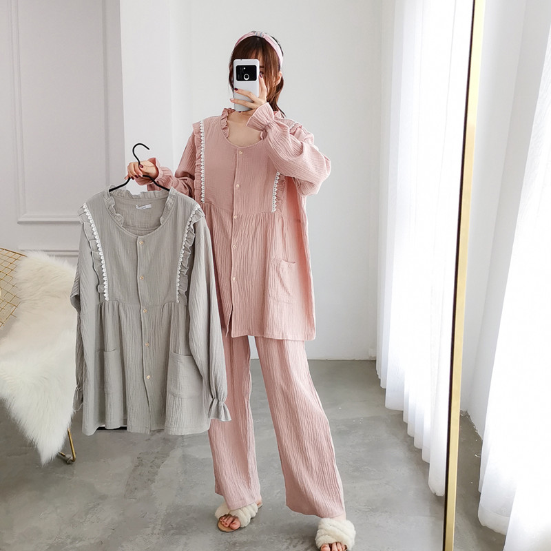 春秋纯棉双层f纱布孕妇哺乳开衫睡衣女长袖大码宽松胖MM产后月子