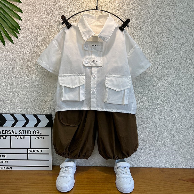 男童夏装衬衫套装2025新款宝宝衣服洋气时髦儿童白衬衣短袖两件套