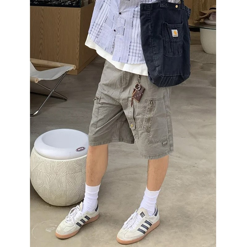 美式水洗街头工装五分裤男款夏季复古宽松多口袋拉链直筒休闲短裤