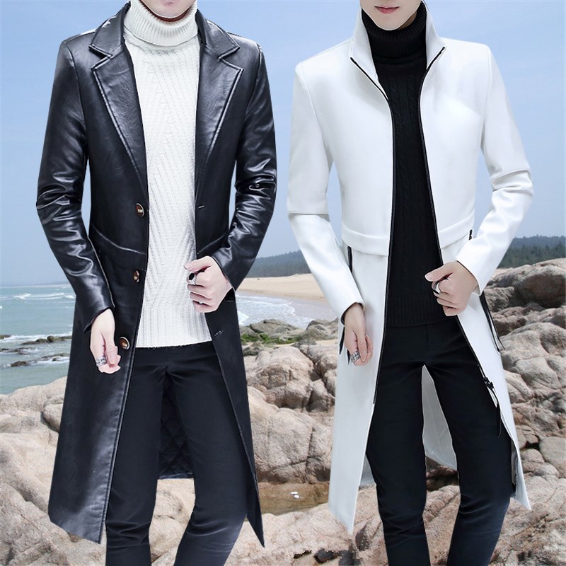 秋冬季中长款pu皮加厚大衣男士时尚帅气风衣个性过膝防水皮衣外套