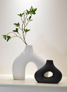 现代北欧黑白艺术陶瓷花瓶玄关假花样板房装饰电视柜Y酒柜摆件酒