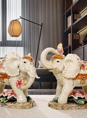 欧式陶瓷大象摆设百合富贵吉祥风水象高档开业礼物家居装饰摆件