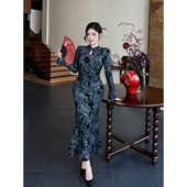 babes 墨染青烟 微胖mm新中式 旗袍连衣裙女国风设计修身 长裙